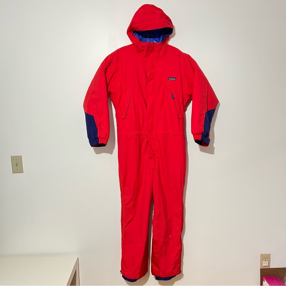 Patagonia Red Kids One-Piece Snowsuit with Blue Accents